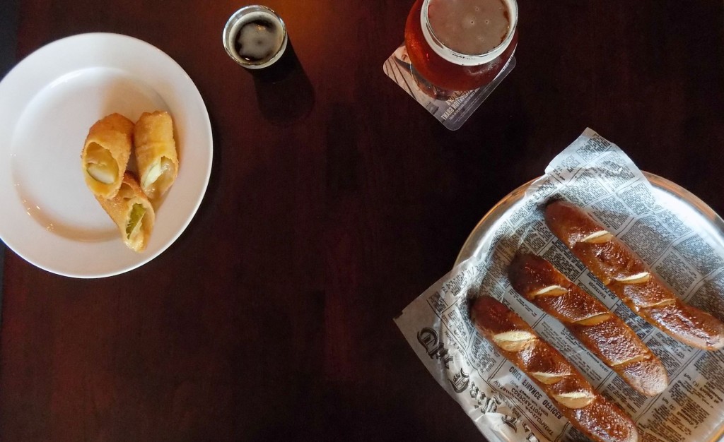 fried pickles, beer, and bread sticks at DJ's tap house & grill